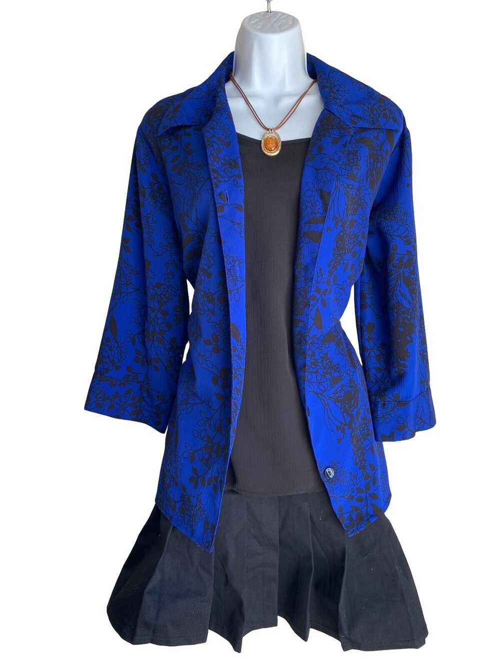 Vintage Plus 2X Blue Black Floral Button Up Tunic Blouse Fall Goth Whimsigoth